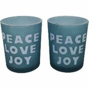 Peace Love Joy Theelichthouder - Waxinelichthouder - Blauw - Glas - Ø 5.5 x h 6.5 cm - Set van 2 Peace Love Joy Theelichthouder - Waxinelichthouder - Blauw - Glas - Ø 5.5 x h 6.5 cm - Set van 2