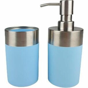 Luxe Zeepdispenser en Tandenborstelhouder HENDRIKA - Blauw / Zilver - Kunststof / Metaal Luxe Zeepdispenser en Tandenborstelhouder HENDRIKA - Blauw / Zilver - Kunststof / Metaal