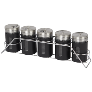 Kruidenrek - Set van 5 potjes - Zwart - RVS / Glas - Spice Rack - 3 openingen - 80 ml - 28,5 x 6,3 x 9 cm Kruidenrek - Set van 5 potjes - Zwart - RVS / Glas - Spice Rack - 3 openingen - 80 ml - 28,5 x 6,3 x 9 cm