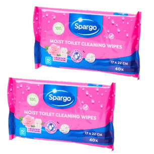Spargo Moist Toilet Cleaning Wipes - 2 x 40 stuks - 17 x 22 cm - Met frisse roos en witte musk geur - Multipurpose - Reiniging - Vloer - Schoonmaak Spargo Moist Toilet Cleaning Wipes - 2 x 40 stuks - 17 x 22 cm - Met frisse roos en witte musk geur - Multipurpose - Reiniging - Vloer - Schoonmaak