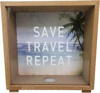 Spaarpot met tekst ''SAVE TRAVEL REPEAT'' - Bruin - Hout - 17 X 17 cm
