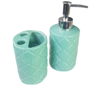 Tandenborstelhouder en zeepdispenser MARGA - Turquoise - Keramiek Tandenborstelhouder en zeepdispenser MARGA - Turquoise - Keramiek
