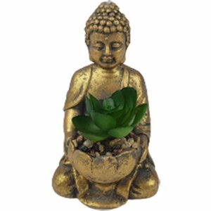 Buddah beeldje met kunstplantje - Goud / Groen - Aardewerk / Kunststof - 8 x 8 x 14 cm - Budda - Beeld - Figuur - Figuurtje