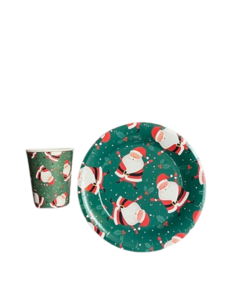 Kerst borden en bekers - 6 stuks - Karton - Groen / Rood / Wit - Ø 20 cm - 250 ml - Kerstman print - Feest Pakket