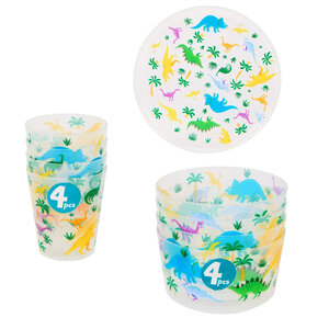 Herbruikbare Snack set met Dino print - Multicolor - 4x bordjes / bekers / bakjes - Set van 12 -  Ø 22,5 cm - 230 ml - 4