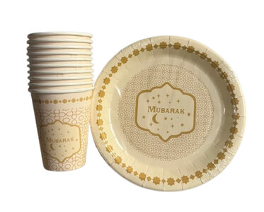 Eid Mubarak Feest set met borden en bekers - Set van 10 - Creme / Goud - Ø 23 cm - 250 ml - Feest pakket - Ramadan