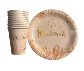 Eid Mubarak Feest set met borden en bekers - Set van 10 - Roze / Goud - Ø 23 cm - 250 ml - Feest pakket - Ramadan 3