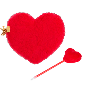 Fluffy Valentijn dagboek met slot en sleutel met bijpassende fluffy pen - HEART Collection - Rood - Polyester - 21 x 21 cm - Va